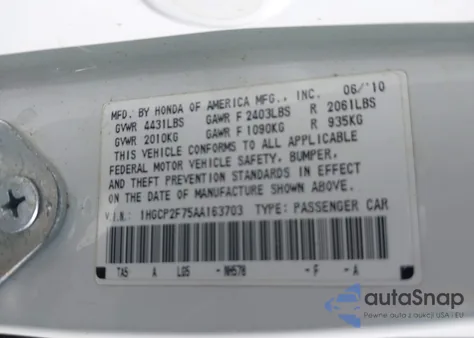 2010 Honda Accord 2.4 Ex из США, поврежденный, VIN 1HGCP2F75AA163703